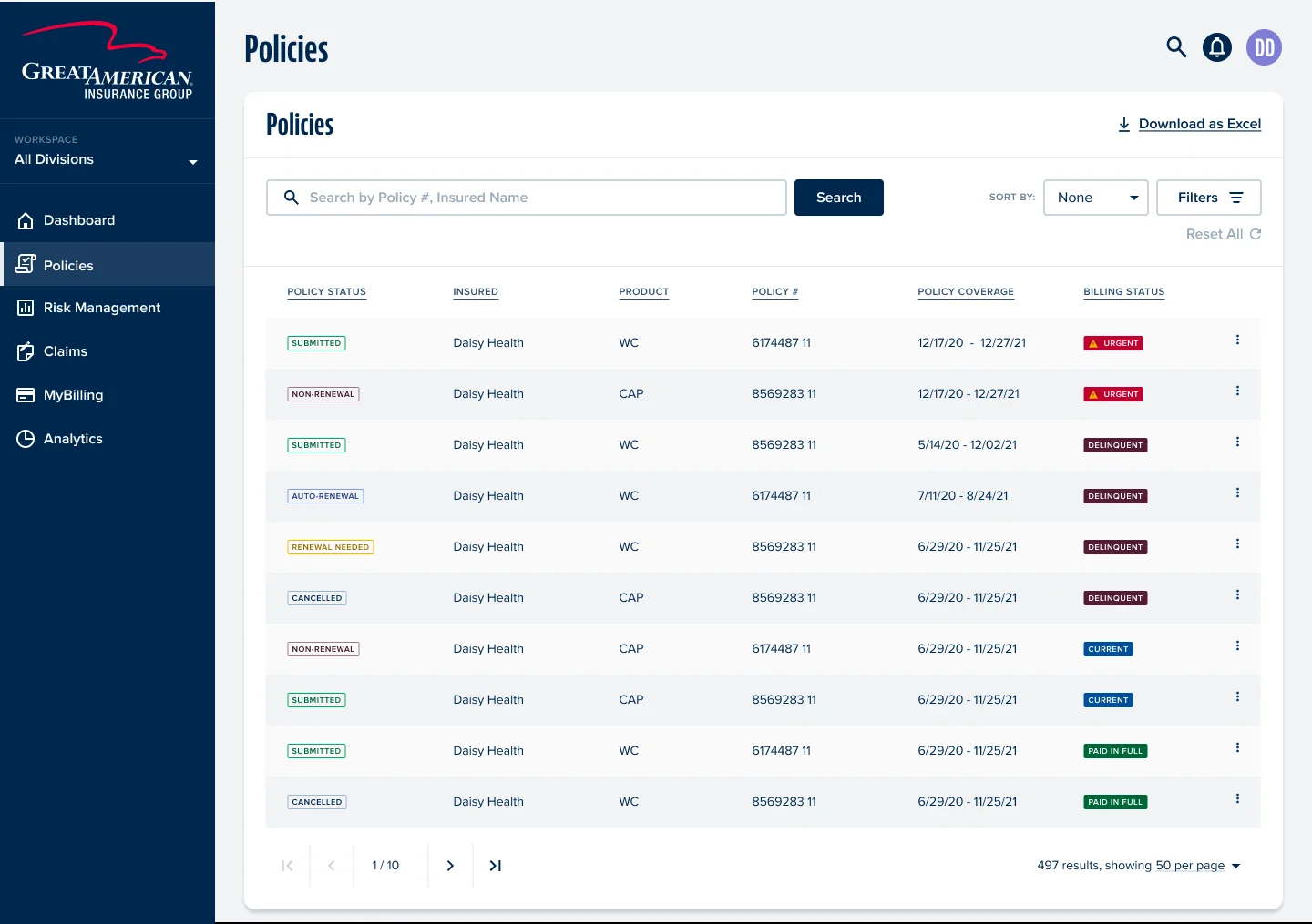 AIE policies view with search, filters, policy rows, and status labels