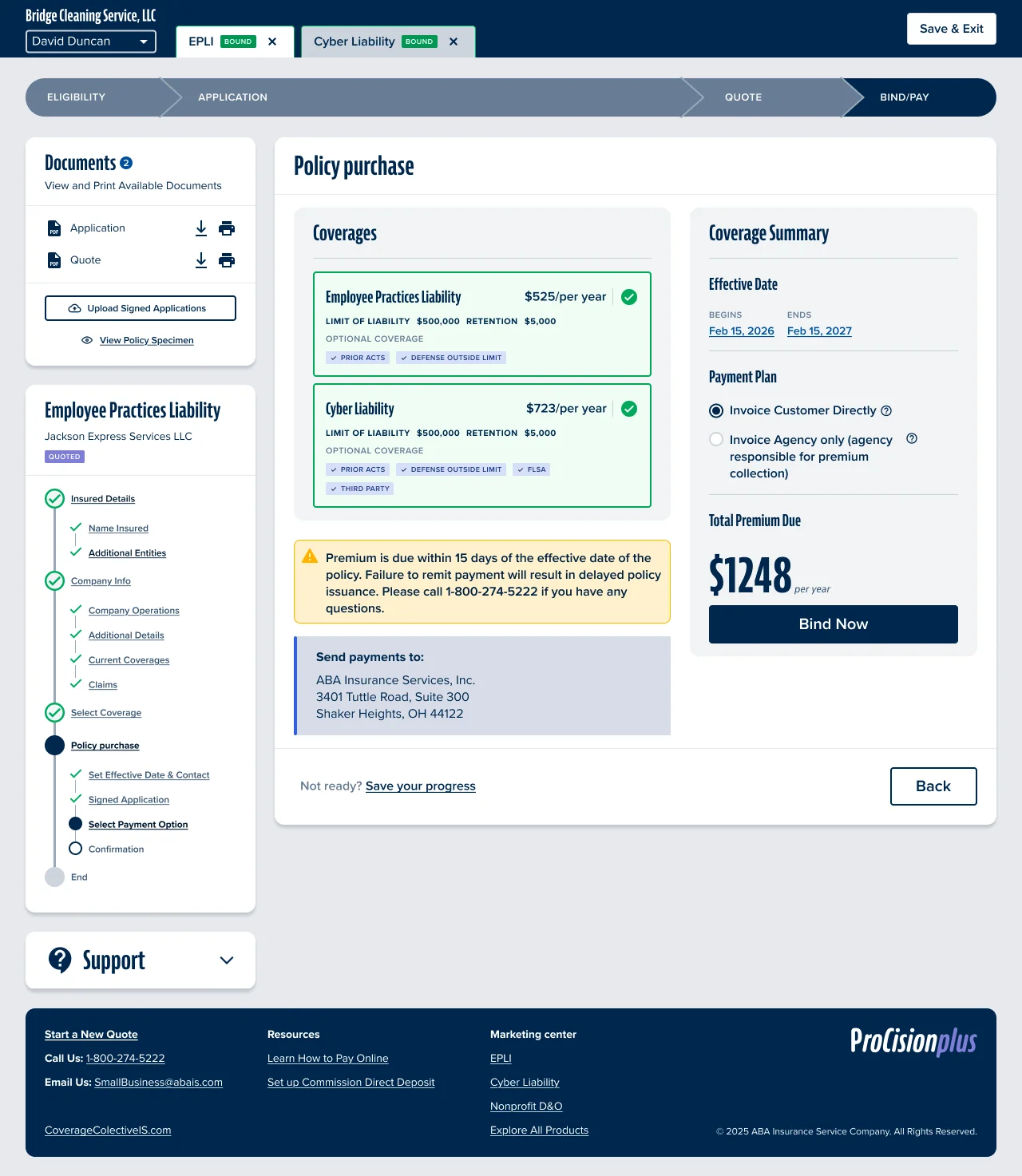 Policy purchase review with coverage summary and premium