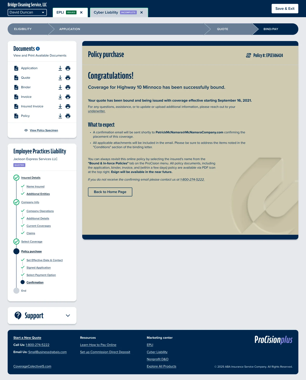 Insurance policy purchase confirmation with completion details
