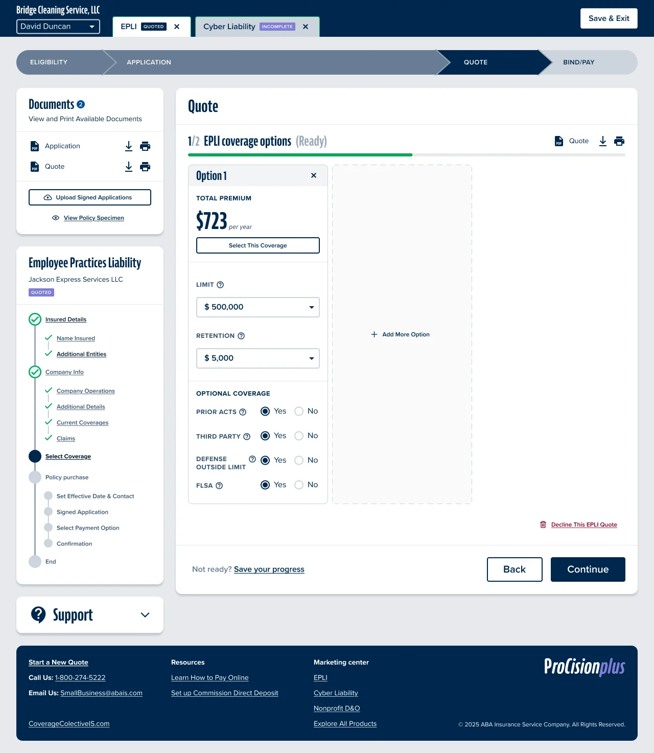 Insurance quote comparison screen with pricing and coverage details