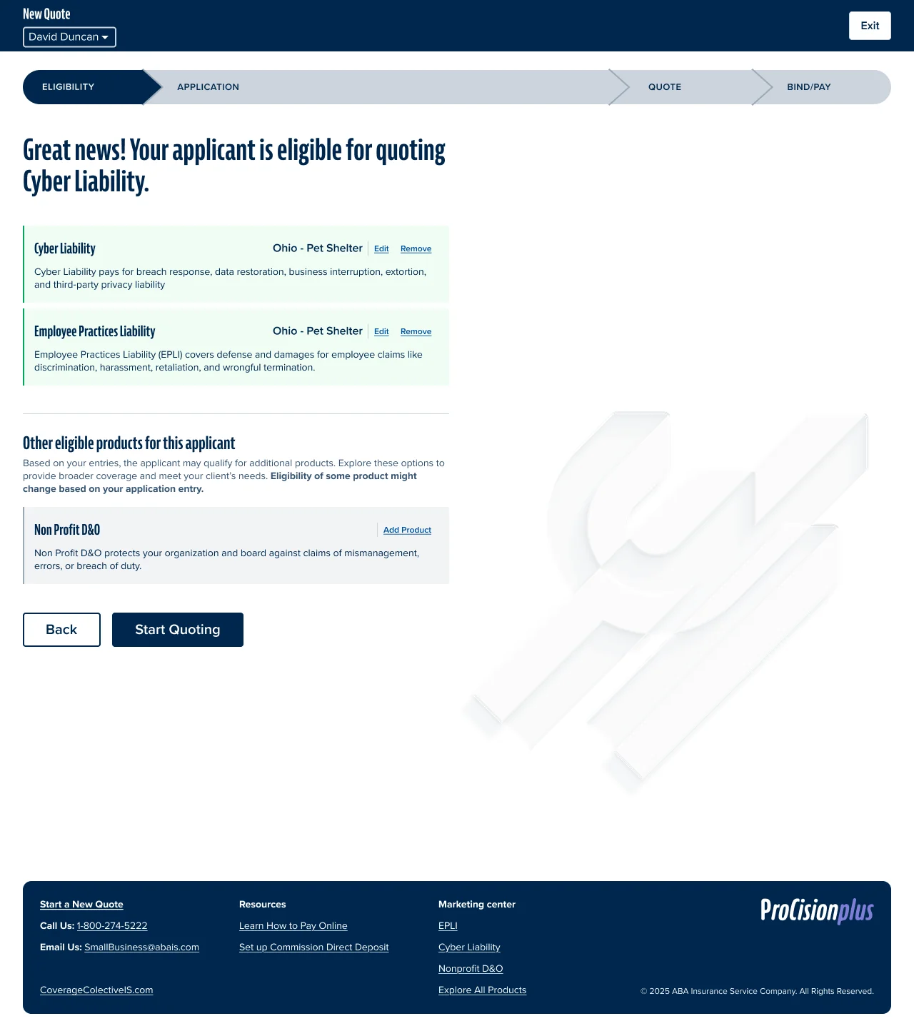 Insurance applicant eligibility screen with introductory criteria and a start action
