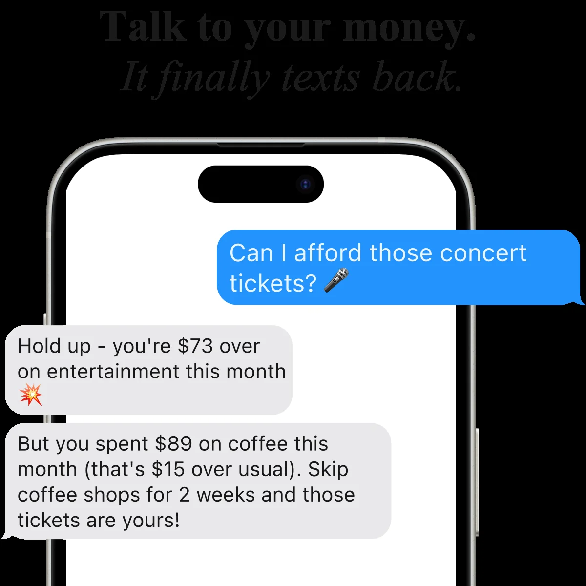 Nomi promotional conversation showing a concert-ticket affordability question