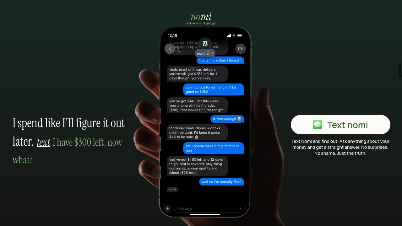 Nomi’s live homepage hero with a phone conversation and Text nomi call to action